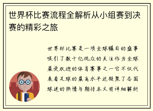 世界杯比赛流程全解析从小组赛到决赛的精彩之旅