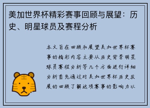 美加世界杯精彩赛事回顾与展望：历史、明星球员及赛程分析